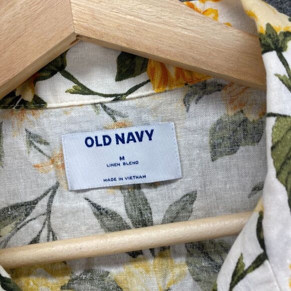 Old Navy Shirt Men M Medium White Floral Button Up Collared Linen Short Sleeve - Picture 5 of 9